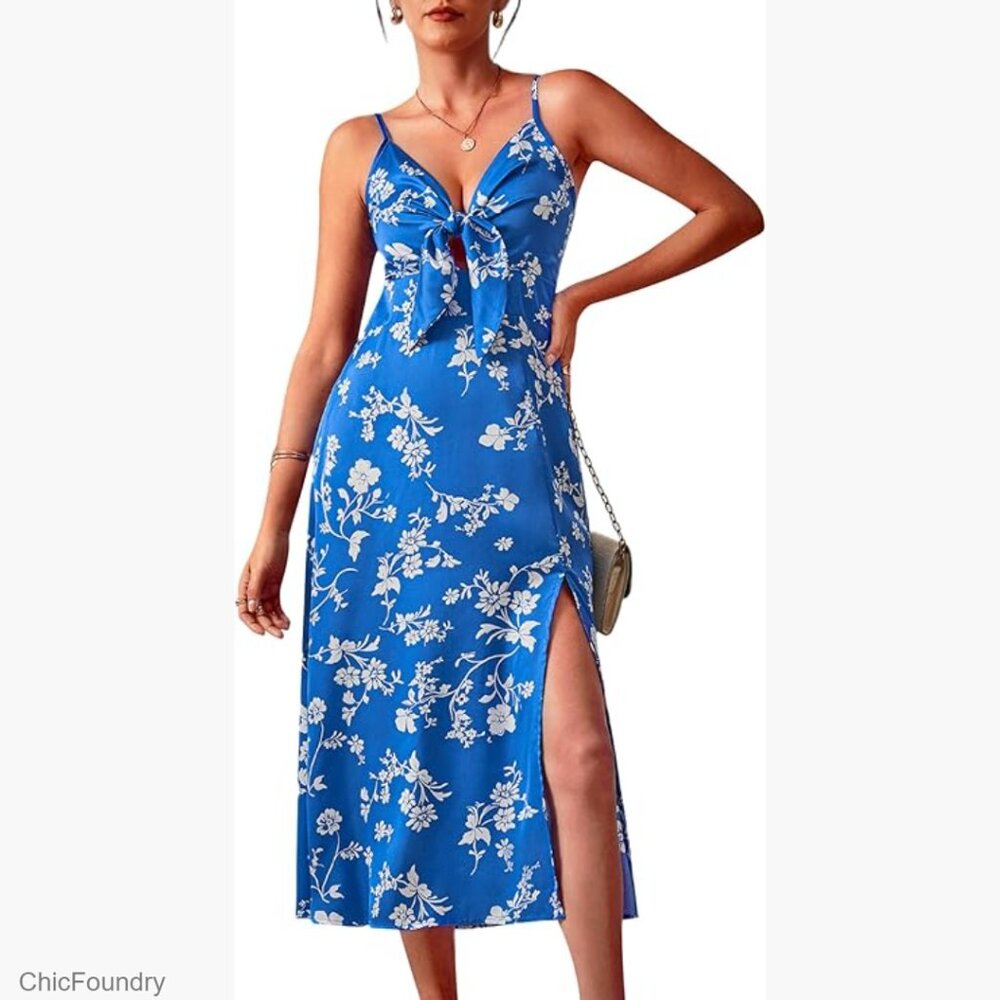 Spaghetti Strap Satin Midi Dress Backless Slit Tie Front Flowy Lightweight